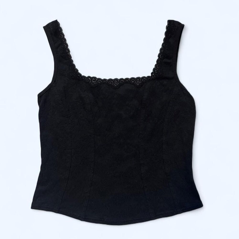 Vintage Arianne Women's Black Corset Style Textured Lace Tank Top
